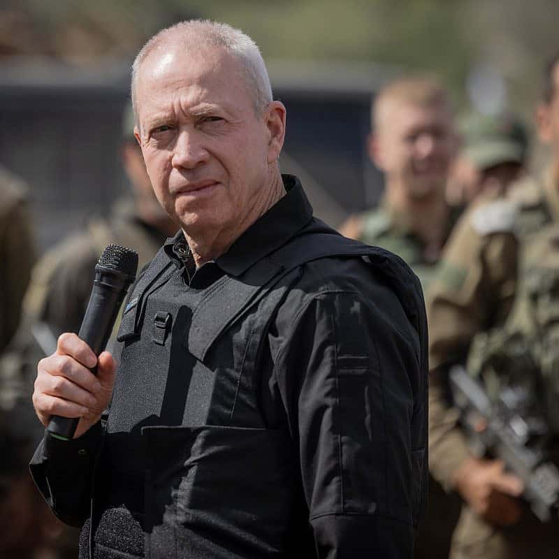Israeli Defense Minister Yoav Gallant speaks with IDF soldiers at a staging area near the Gaza border, Oct. 19, 2023. Photo by Chaim Goldberg/Flash90.