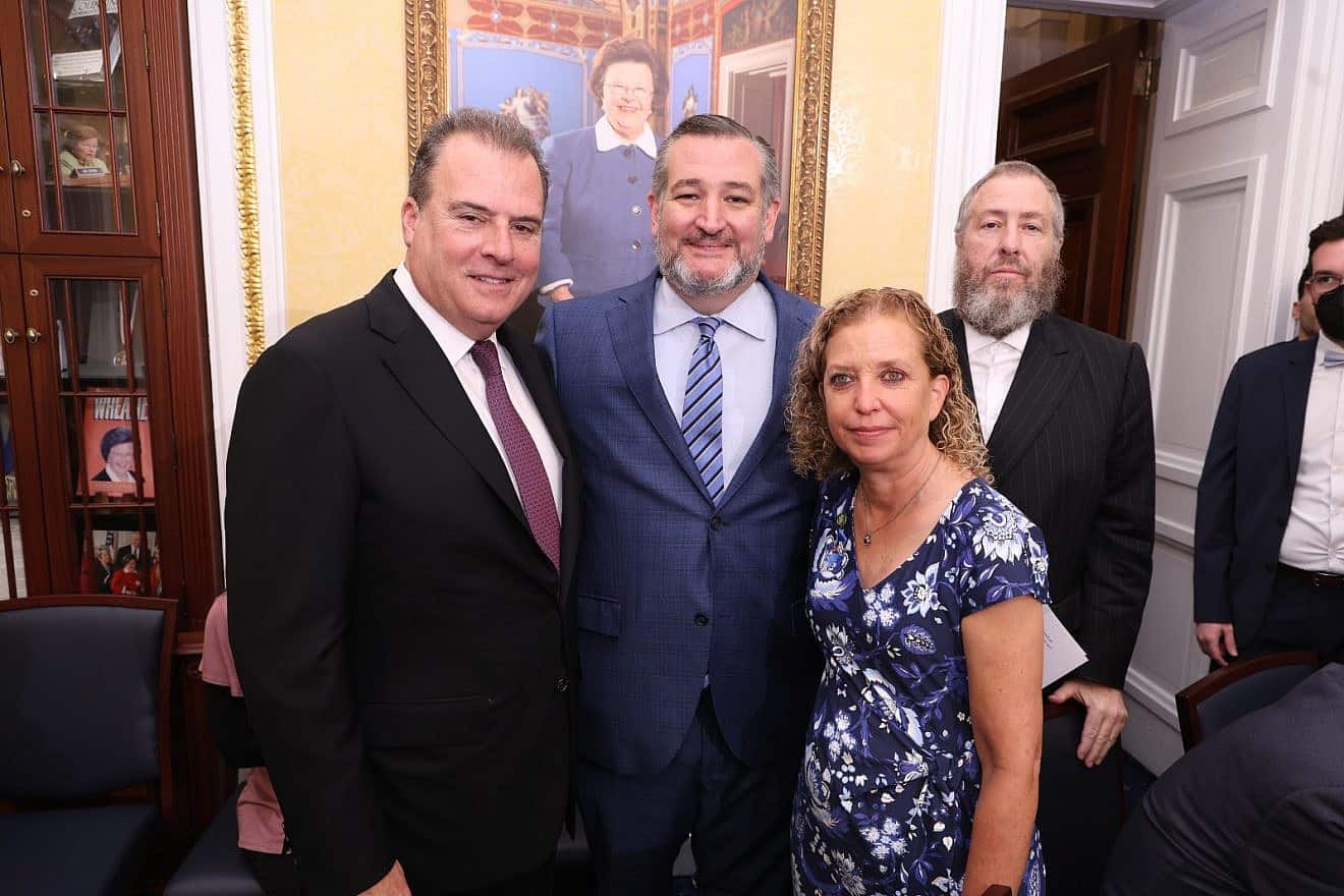 From left: Philanthropist Bobby Rechnitz, Sen. Ted Cruz (R-Texas) and Rep. Debbie Wasserman Schultz (D-Fla.) at a pro-Israel event in the U.S. Capitol on Nov. 7, 2023. Photo by Shmuel Lenchevsky.