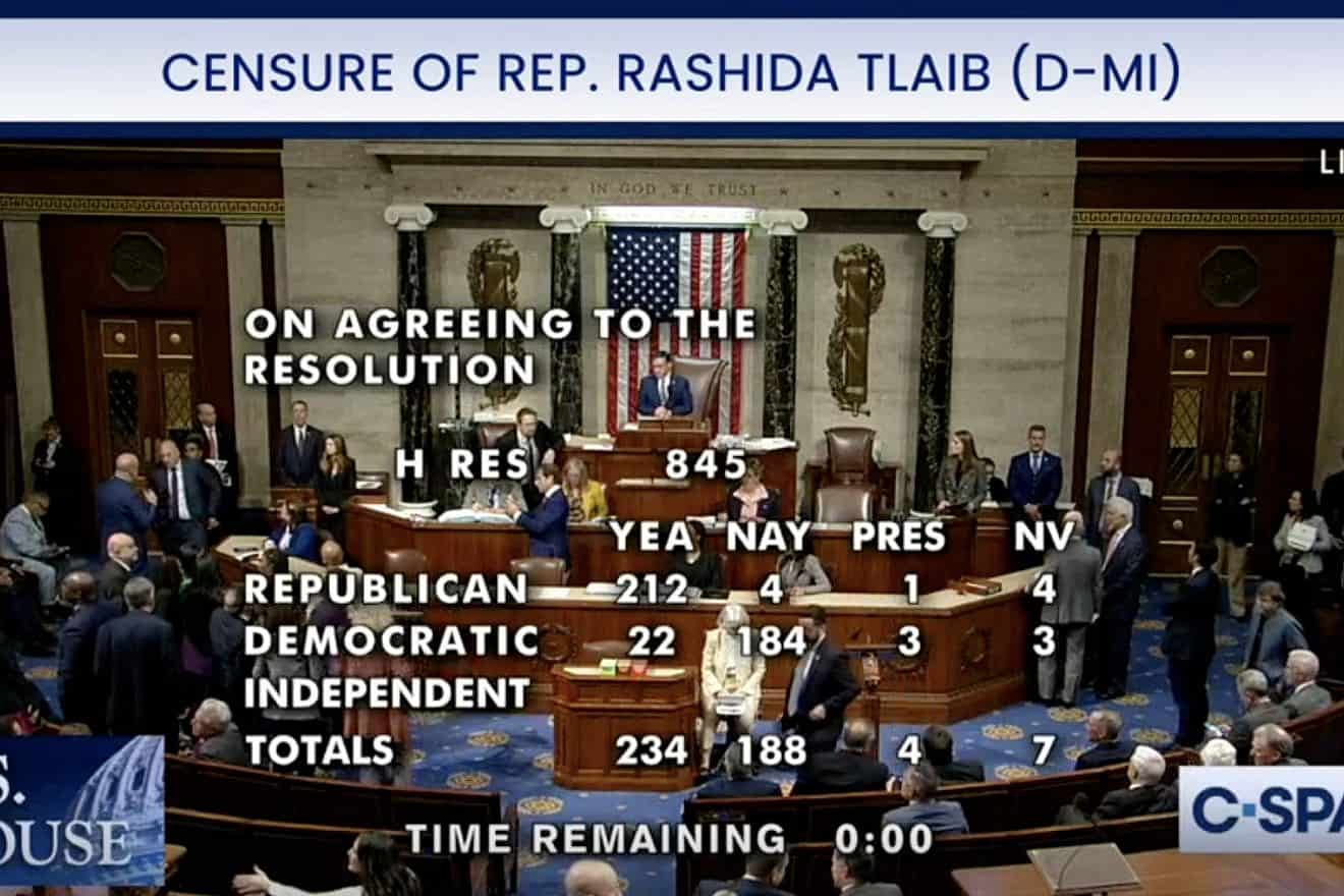 Final tally in U.S. House of Representatives censure of Rep. Rashida Tlaib on Nov. 7, 2023. Source: C-SPAN/screenshot.