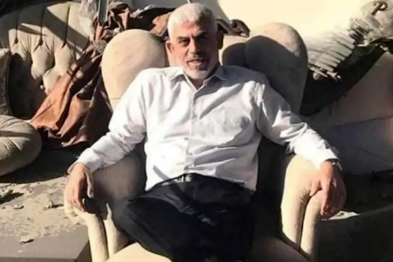 Hamas leader Yahya Sinwar in the ruins of his Gaza office, May 27, 2021. Credit: Courtesy.