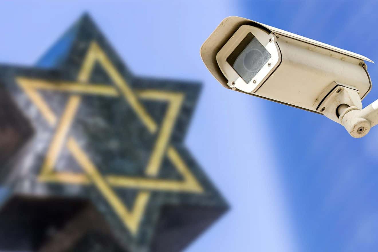 A security camera with a Star of David in the background. Credit: Pixinoo/Shutterstock.
