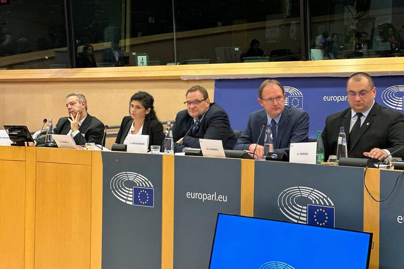 MK Sharren Haskel (second from left), co-chair of the Knesset’s Christian Allies Caucus, at the European Parliament in Brussels, Dec. 6, 2023. Credit: Courtesy.
