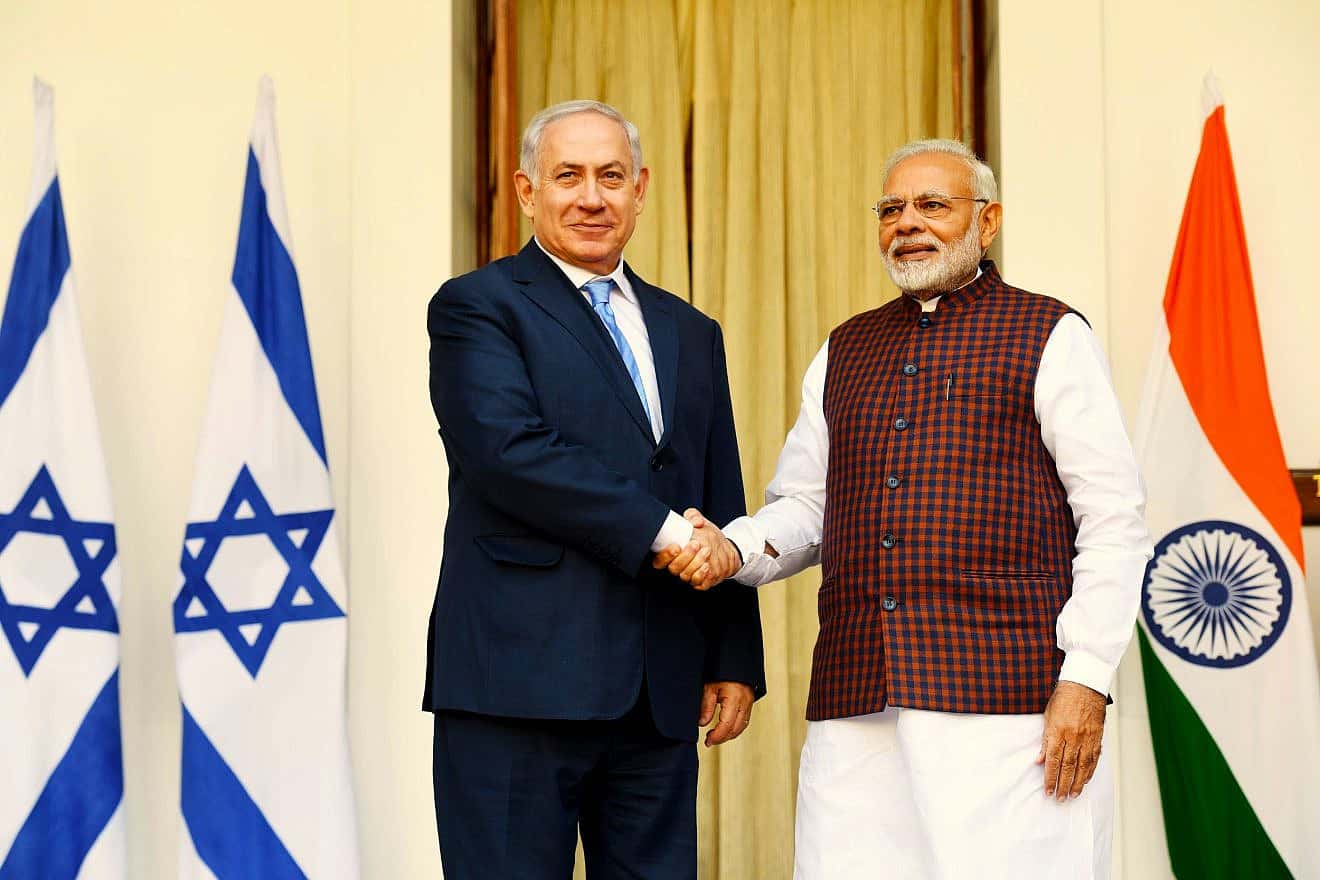 Israeli Prime Minister Benjamin Netanyahu and Indian Prime Minister Narendra Modi at a joint press conference in the president's house in New Delhi, India, on Jan. 15, 2018. Credit: Avi Ohayon/GPO/Flash90.