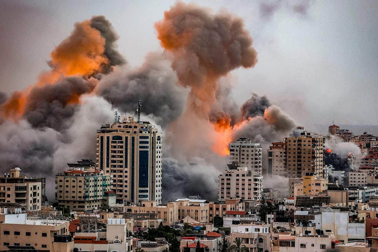 A ball of fire and smoke rises during an Israeli airstrikes in the Gaza Strip, on October 9, 2023. Photo by Atia Mohammed/Flash90