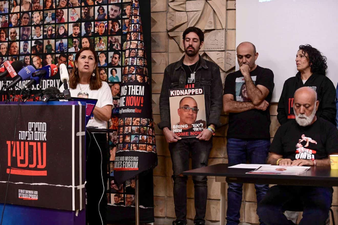 Relatives of Israelis held hostage by Hamas terrorists in Gaza since the Oct. 7 massacre hold a press conference in Tel Aviv on Dec. 4, 2023. Photo by Tomer Neuberg/Flash90.