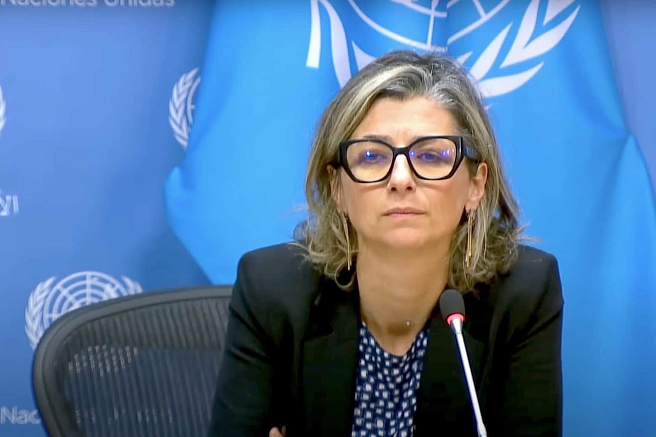 Francesca Albanese, U.N. special rapporteur on the occupied Palestinian territories, speaks at a U.N. press conference in October 2023. Source: YouTube/United Nations.