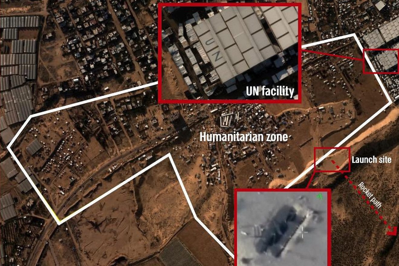 Rockets fired at Israel from the Gaza Strip's humanitarian zone near tents for displaced residents and a U.N. facility. Credit: IDF.
