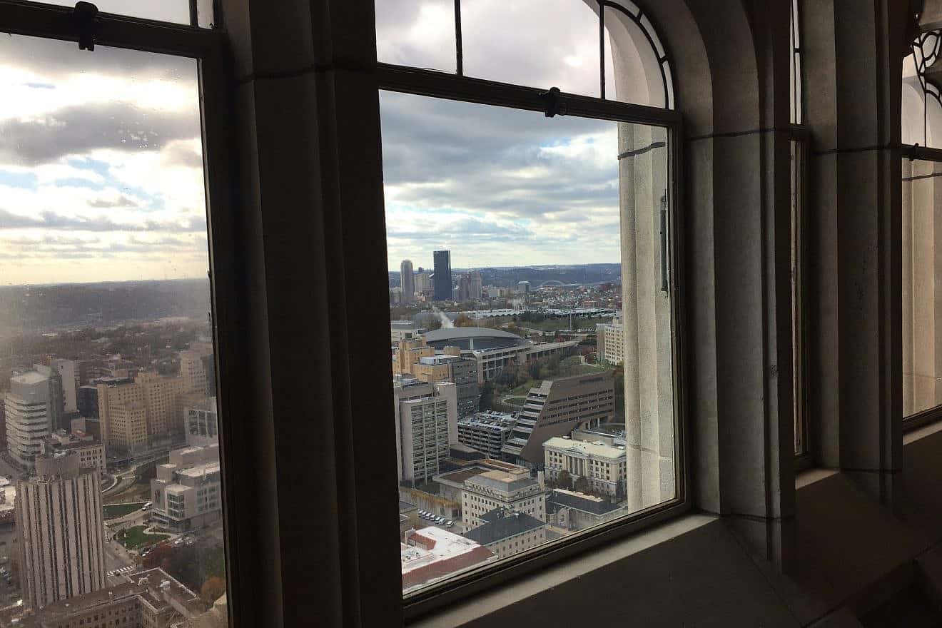 View of Pittsburgh from within the 42-story, 535-foot-tall Cathedral of Learning, which includes classrooms and administrative offices, at the center of the University of Pittsburgh campus. Photo by Menachem Wecker.