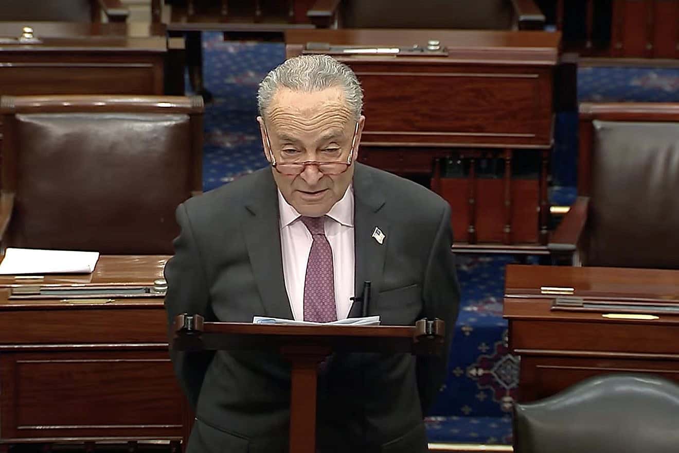 Senate Majority Leader Chuck Schumer (D-N.Y.) speaks about Chanukah on the Senate floor on Dec. 7, 2023. Source: YouTube/Sen. Chuck Schumer.