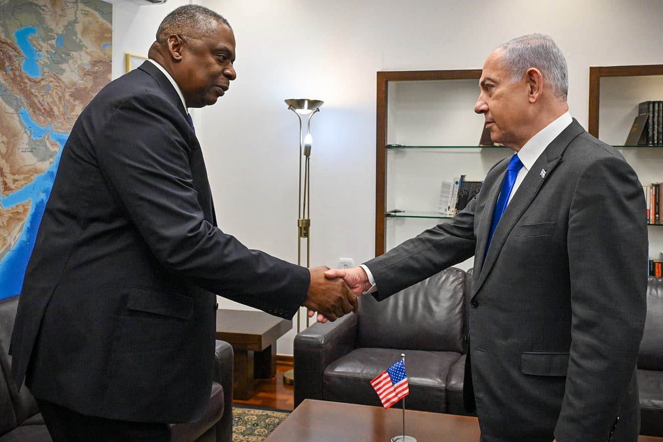 U.S. Secretary of Defense Lloyd Austin meets with Israeli Prime Minister Benjamin Netanyahu at the Kirya military headquarters in Tel Aviv, Dec. 18, 2023. Photo by Kobi Gideon/GPO.
