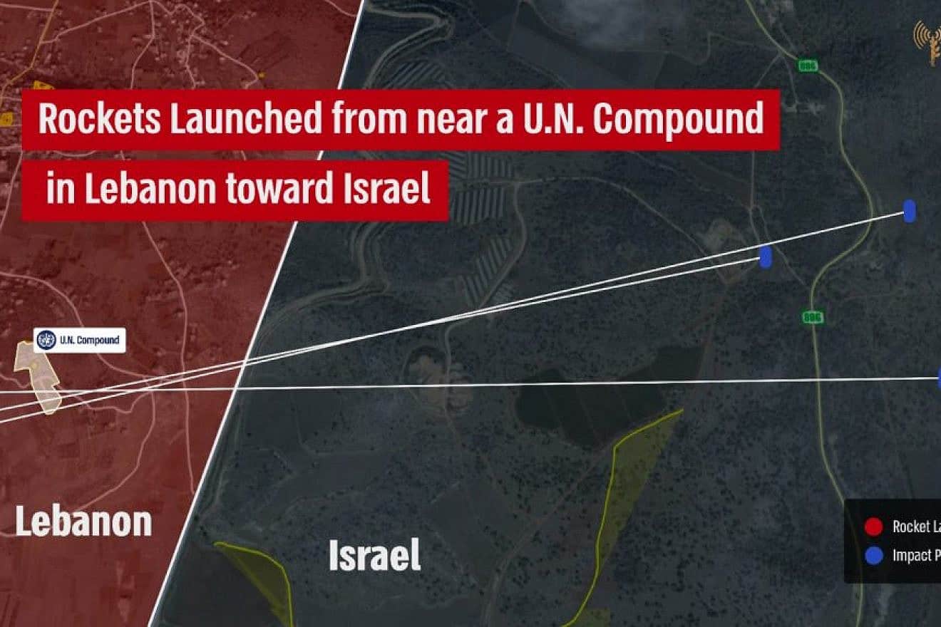 A map showing the proximity of Hezbollah rocket launchers in Lebanon to a U.N. compound and school. Source: IDF Spokesperson.