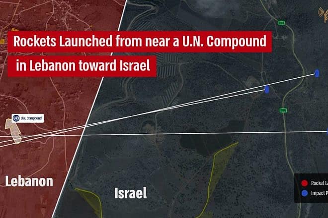 A map showing the proximity of Hezbollah rocket launchers in Lebanon to a U.N. compound and school. Source: IDF Spokesperson.