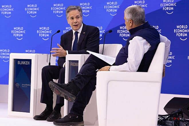U.S. Secretary of State Antony Blinken speaks with Tom Friedman at the World Economic Forum in Davos, Switzerland on Jan. 17, 2024. Credit: Chuck Kennedy/U.S. State Department.