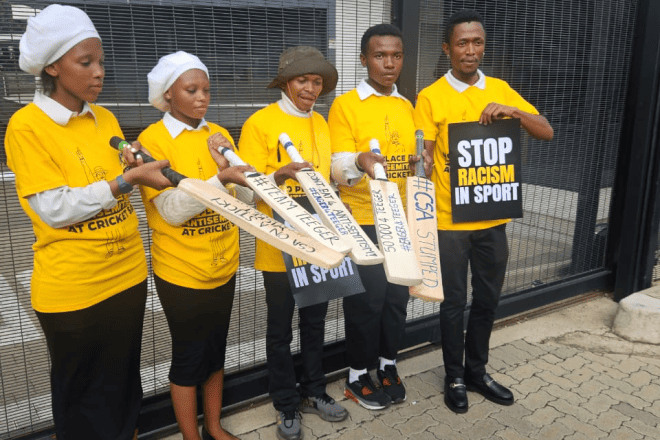 South Africans protest  outside of the Cricket South Africa headquarters in Johannesburg for the reinstatement of David Teeger as captain of their country's U-19 cricket team, Jan. 18, 2024. Credit: Courtesy.