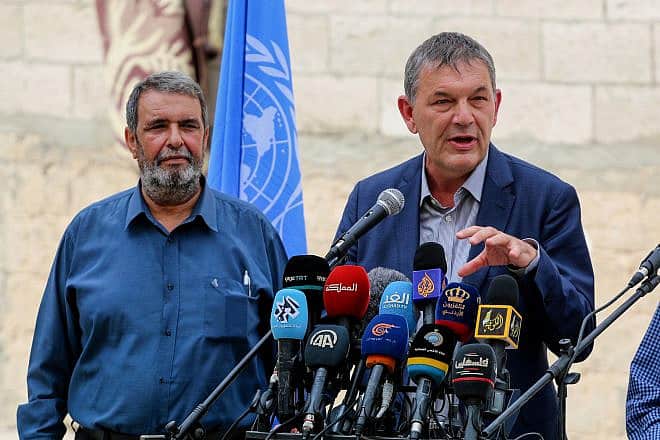 Philippe Lazzarini, commissioner-general of the United Nations Relief and Works Agency for Palestine Refugees in the Near East (UNRWA), during a visit at al-Shati refugee camp in Gaza City on Oct. 12, 2021. Photo by Abed Rahim Khatib/Flash90.