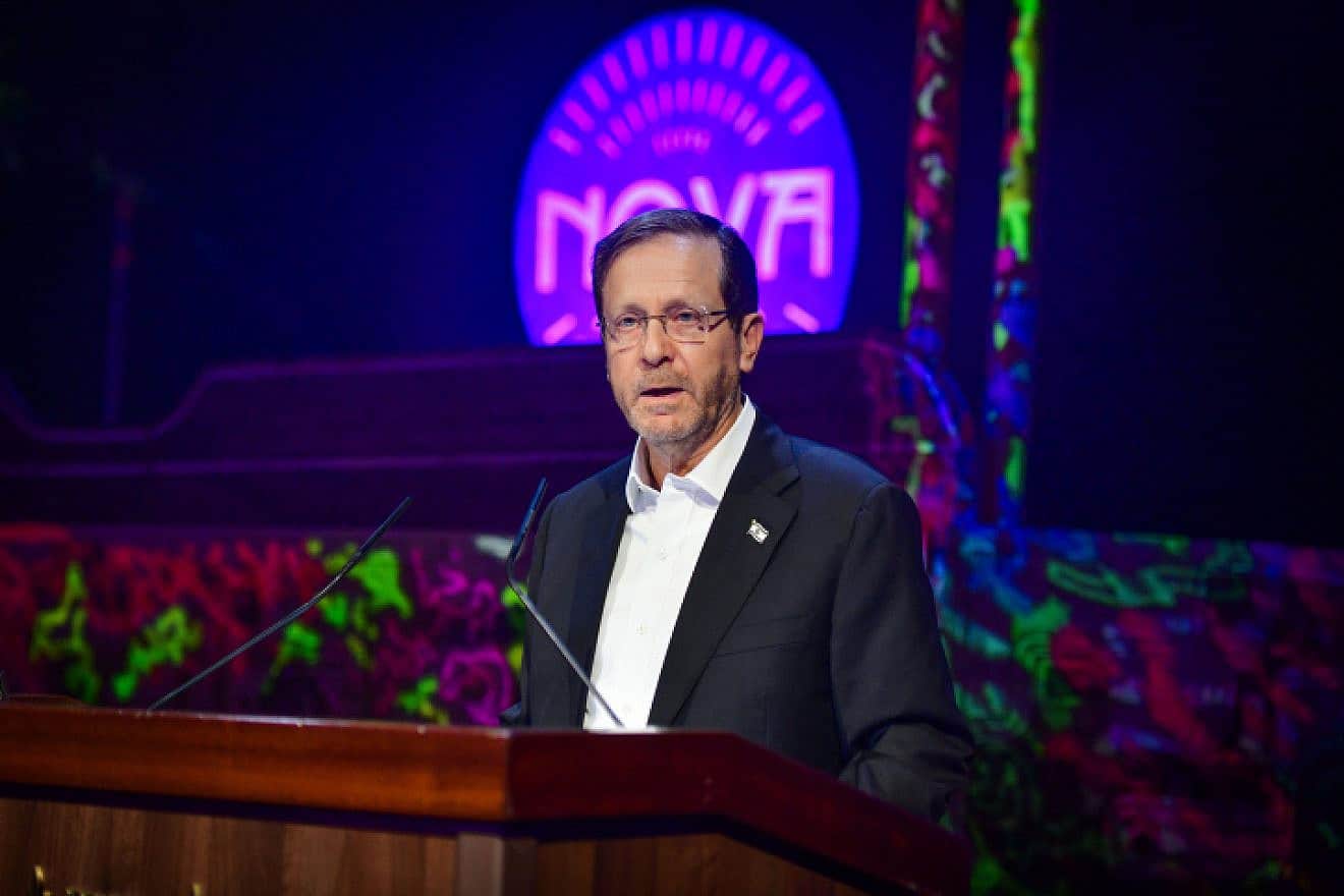 Israeli President Isaac Herzog attends the opening of an exhibition in Tel Aviv of objects collected from the site of the Supernova massacre, Dec. 7, 2023. Photo by Avshalom Sassoni/Flash90.