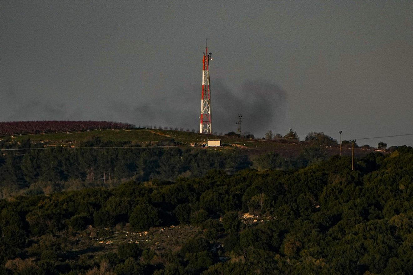 Smoke rises during an exchange of fire between the IDF and Hezbollah terrorists on the border between Israel and Lebanon, Jan. 7, 2024. Photo by Ayal Margolin/Flash90.