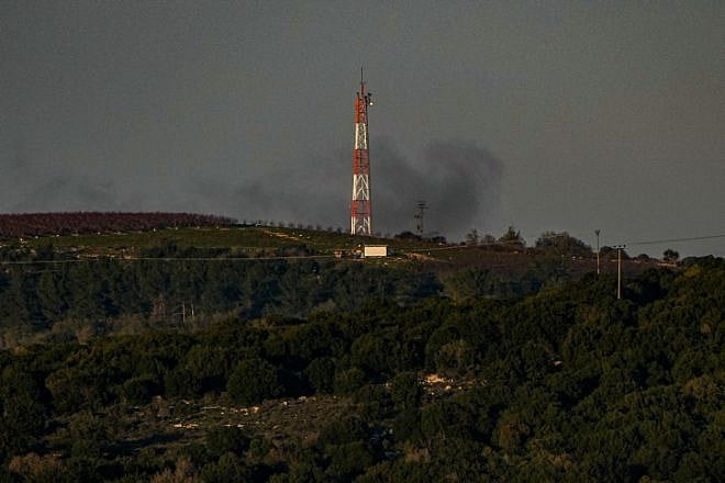 Smoke rises during an exchange of fire between the IDF and Hezbollah terrorists on the border between Israel and Lebanon, Jan. 7, 2024. Photo by Ayal Margolin/Flash90.