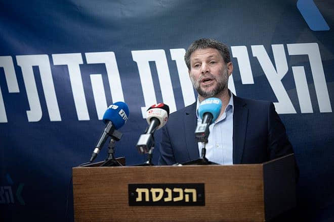 Israeli Finance Minister Bezalel Smotrich, head of the Religious Zionist Party, leads a faction meeting at the Israeli parliament in Jerusalem, on Jan. 8, 2024. Photo by Yonatan Sindel/Flash90.