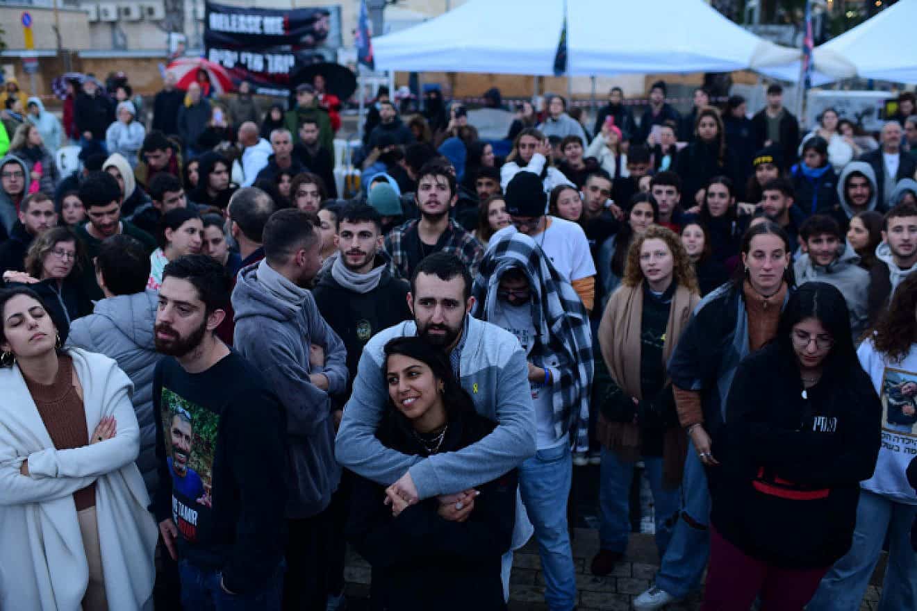 People attend 24-hour rally for hostages marking 100 days since the start of the war between Israel and Hamas, at "Hostage Square" in Tel Aviv, Jan. 14, 2024. Photo by Tomer Neuberg/Flash90.