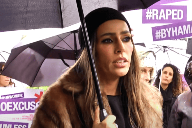 Former Miss World Linor Abargil attends a protest on Nov. 27, 2024, against global silence regarding Hamas's sexual abuse of women on Oct. 7, 2023. Source: Screenshot.