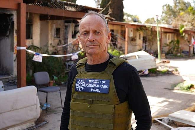 Former Canadian Cabinet minister Stockwell Day visits Kibbutz Kfar Aza, where Hamas terrorists murdered 79 persons and kidnapped 118 others, on Jan. 10, 2024. Credit: Courtesy.