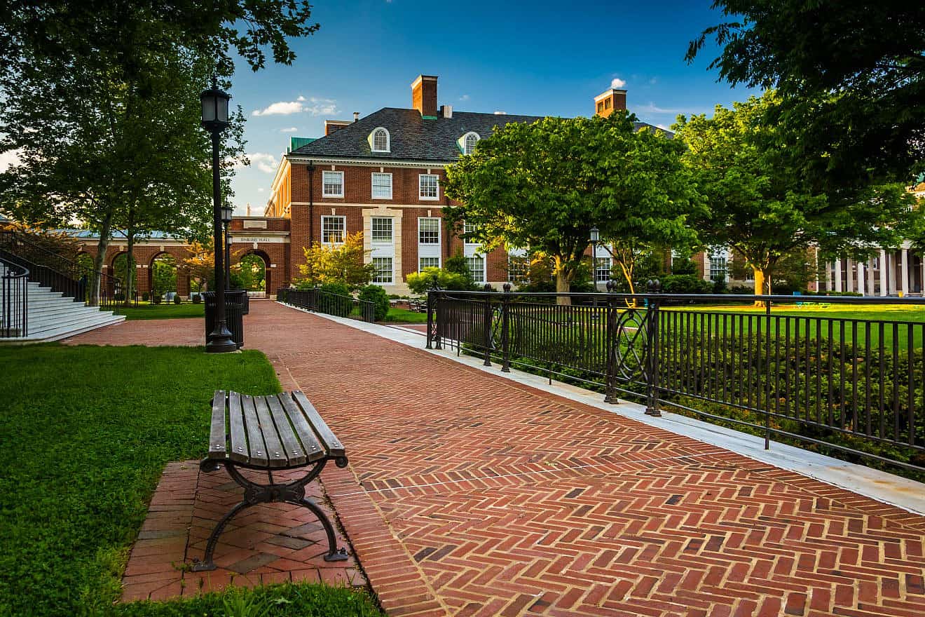 Walkway and buildings at John Hopkins University in Baltimore. Credit: Jon Bilous/Shutterstock.