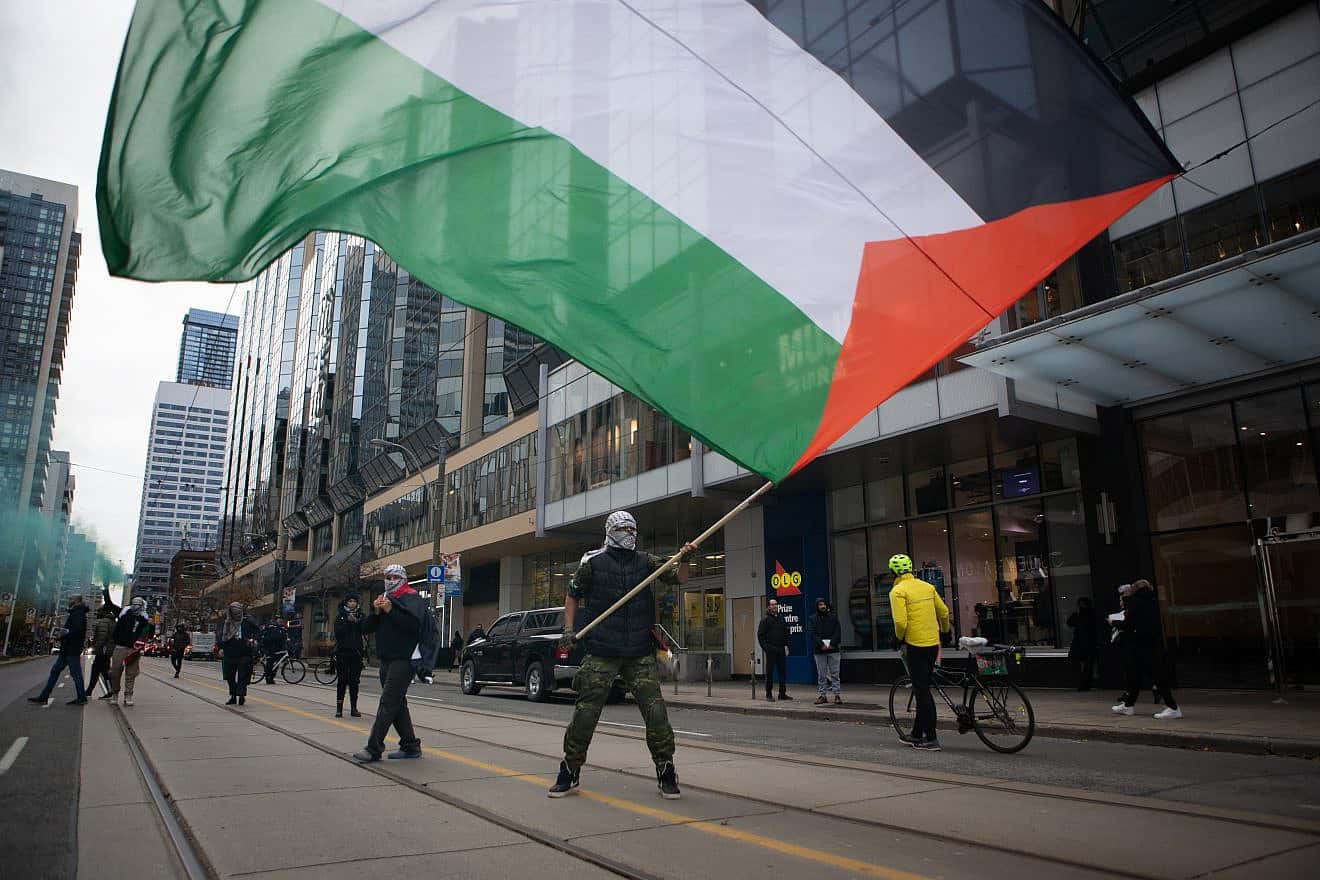 A man waves a Palestinian flag during a march in Toronto, Canada, on Dec. 9, 2023. Credit: Greg Finnegan/Shutterstock.