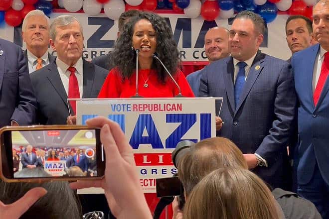 Mazi Pilip concedes the special congressional election in New York’s 3rd Congressional District to Tom Suozzi on Feb. 13, 2024. Photo by Mike Wagenheim.