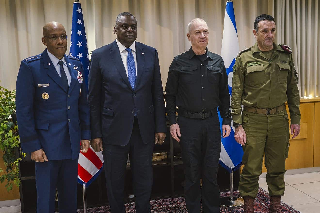 (From left) Chairman of the U.S. Joint Chiefs of Staff Gen. C.Q. Brown, U.S. Secretary of Defense Lloyd Austin, Israeli Minister of Defense Yoav Gallant and Israeli Chief of the General Staff Herzi Halevi in Tel Aviv on Dec. 18, 2023. Credit: Chad McNeeley/U.S. Department of Defense.