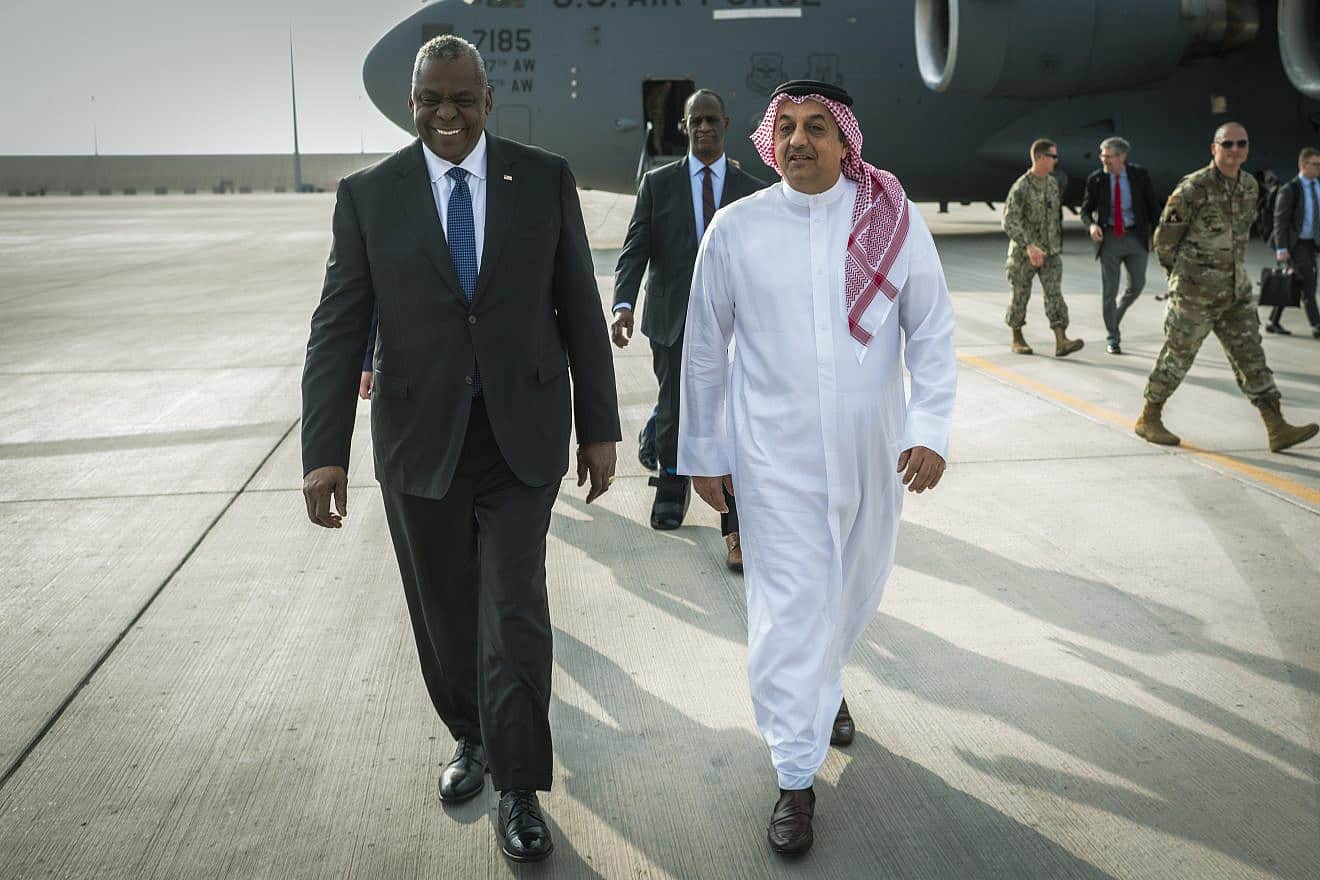 Lloyd Austin, the U.S. secretary of defense, and Qatari Minister of Defense Khalid bin Mohamed al Attyah at Al Udeid Air Base in Qatar on Dec. 19, 2023. Credit: Chad McNeeley/U.S. Department of Defense.