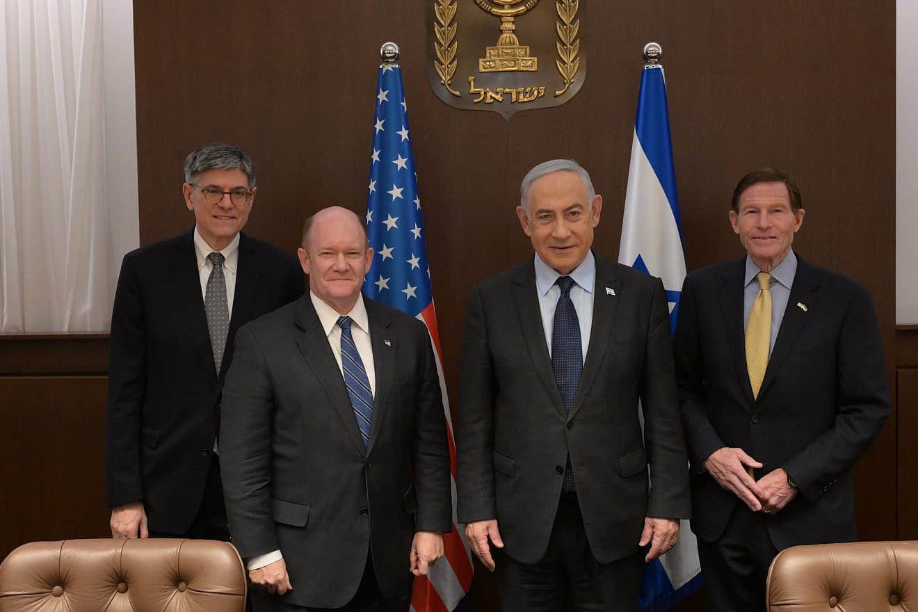 U.S. Ambassador to Israel Jacob "Jack" Lew (left), Sen. Chris Coons (D-Del.), Israeli Prime Minister Benjamin Netanyahu and Sen. Richard Blumenthal (D-Conn.) during a Feb. 19, 2024 meeting in Jerusalem. Credit: Amos Ben-Gershom/GPO.