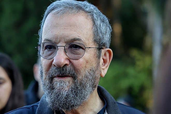 Former Prime Minister Ehud Barak attends the funeral at Kibbutz Einat of former Justice Minister David Libai, Dec. 25, 2023. Credit: Flash90.