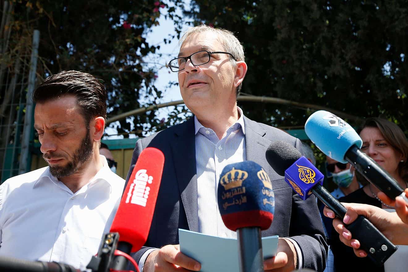 UNRWA Commissioner-General Philippe Lazzarini visits Arab families in Jerusalem's Sheikh Jarrah/Shimon HaTzadik neighborhood, June 2, 2021. Photo by Jamal Awad/Flash90.