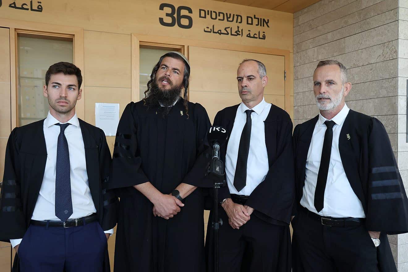 Attorneys of the Honenu legal defense group speak to the media before a court hearing in Lod, July 12, 2023. Photo by Jonathan Shaul/Flash90.