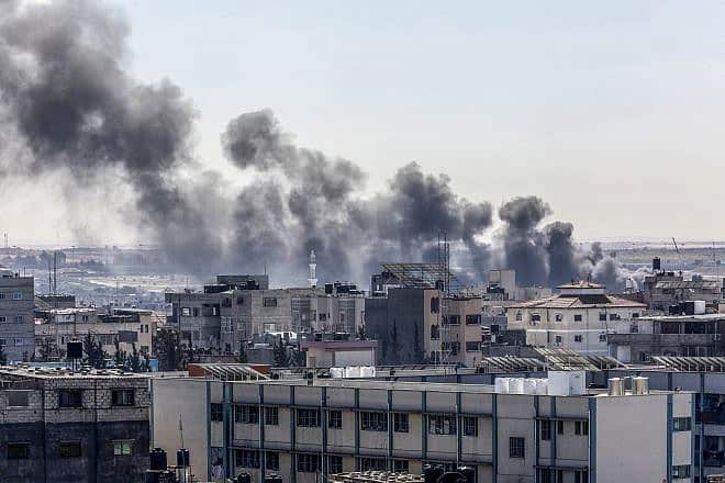 Smoke rises after Israeli airstrikes seen from Rafah, in the southern Gaza Strip, Jan. 31, 2024. Photo by Abed Rahim Khatib/Flash90.