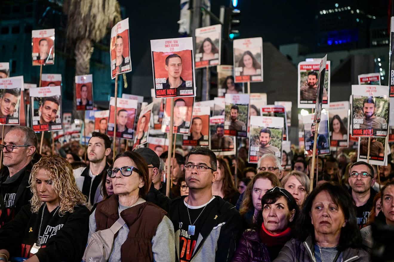Israelis attend a rally calling for the release of Israelis held kidnapped by Hamas terrorists in Gaza, at "Hostage Square" in Tel Aviv, Feb. 24, 2024. Photo by Avshalom Sassoni/Flash90.
