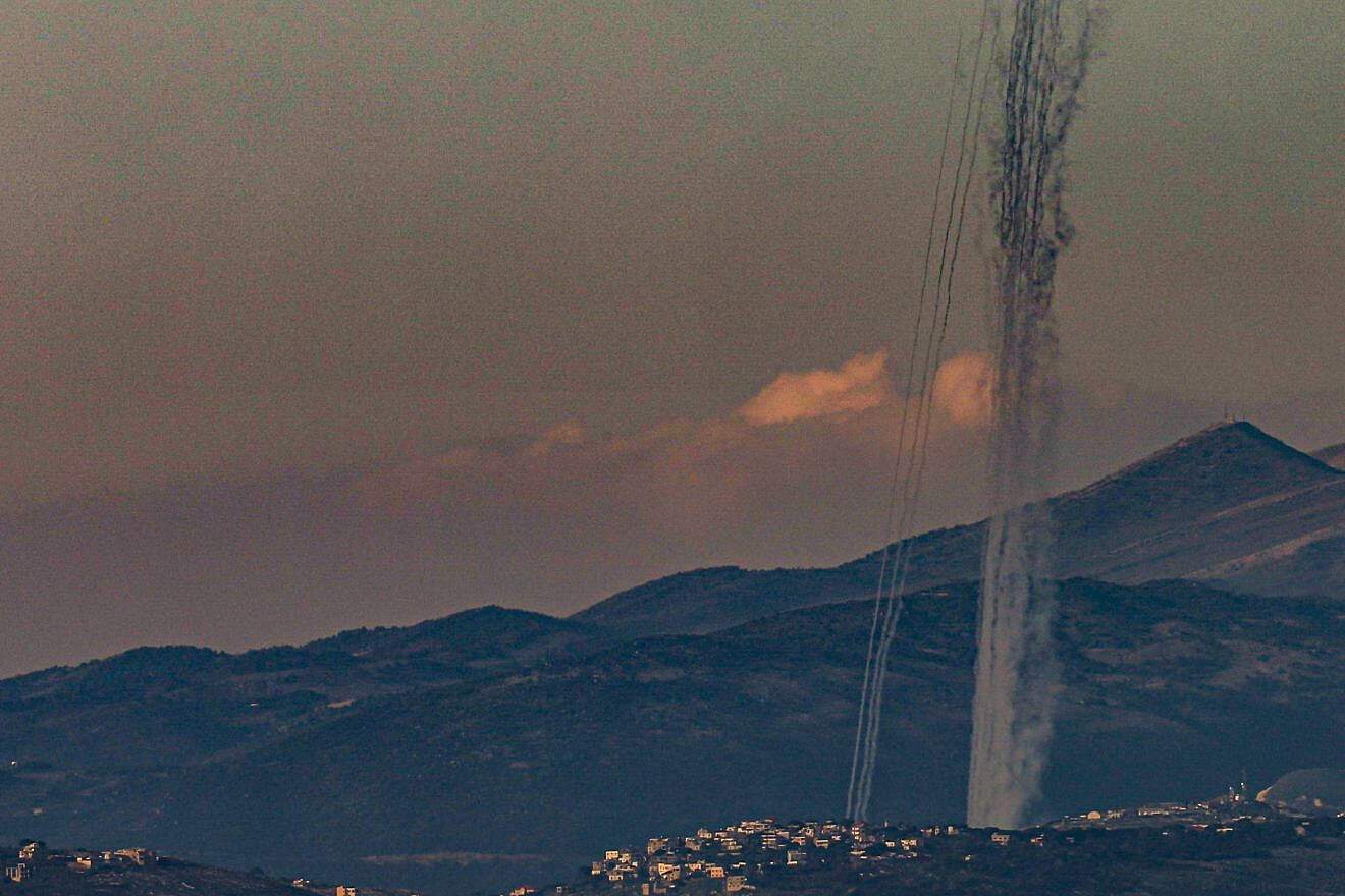 Rockets fired from Lebanon into northern Israel, as it seen from the Israeli side of the border. Feb. 26, 2024. Photo by Ayal Margolin/Flash90.