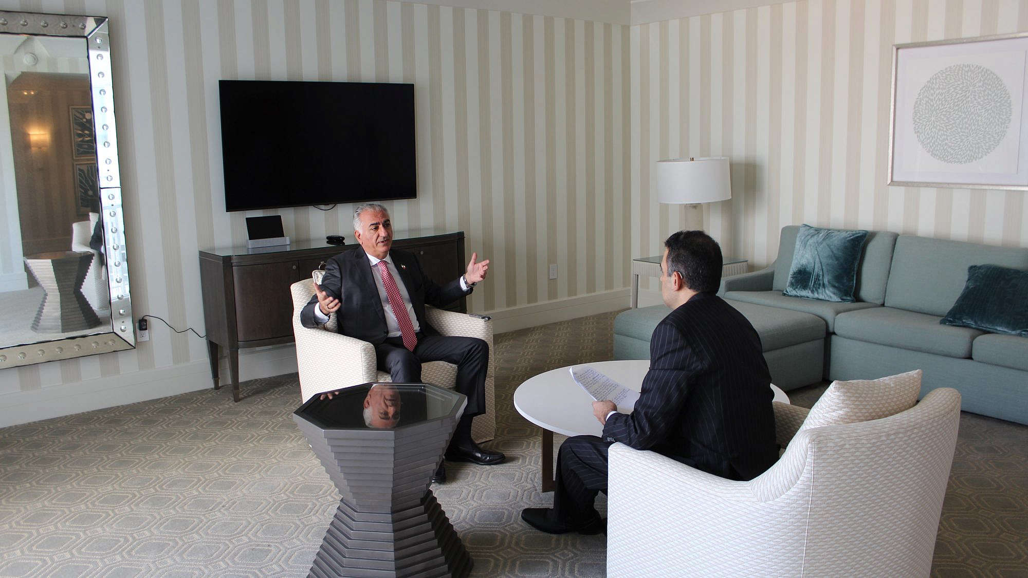 Karmel Melamed interviews Iran’s exiled crown prince, Reza Pahlavi, in Los Angeles on Jan. 31, 2024. Credit: Courtesy.