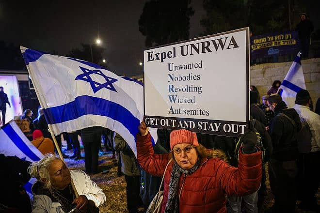 Israelis protest against the U.N. Relief and Works Agency for Palestine Refugees in the Near East (UNRWA), which has been directly linked to Hamas terrorism, at their offices in Jerusalem on Feb. 5, 2024. Photo by Chaim Goldberg/Flash90.