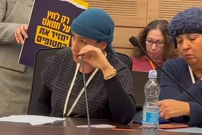 Shlomit Kalmanson, whose husband, Elchanan died rescuing people from Kibbutz Be'eri on Oct. 7, speaks to the Knesset House Committee, Dec. 26, 2024. Source: Screenshot.