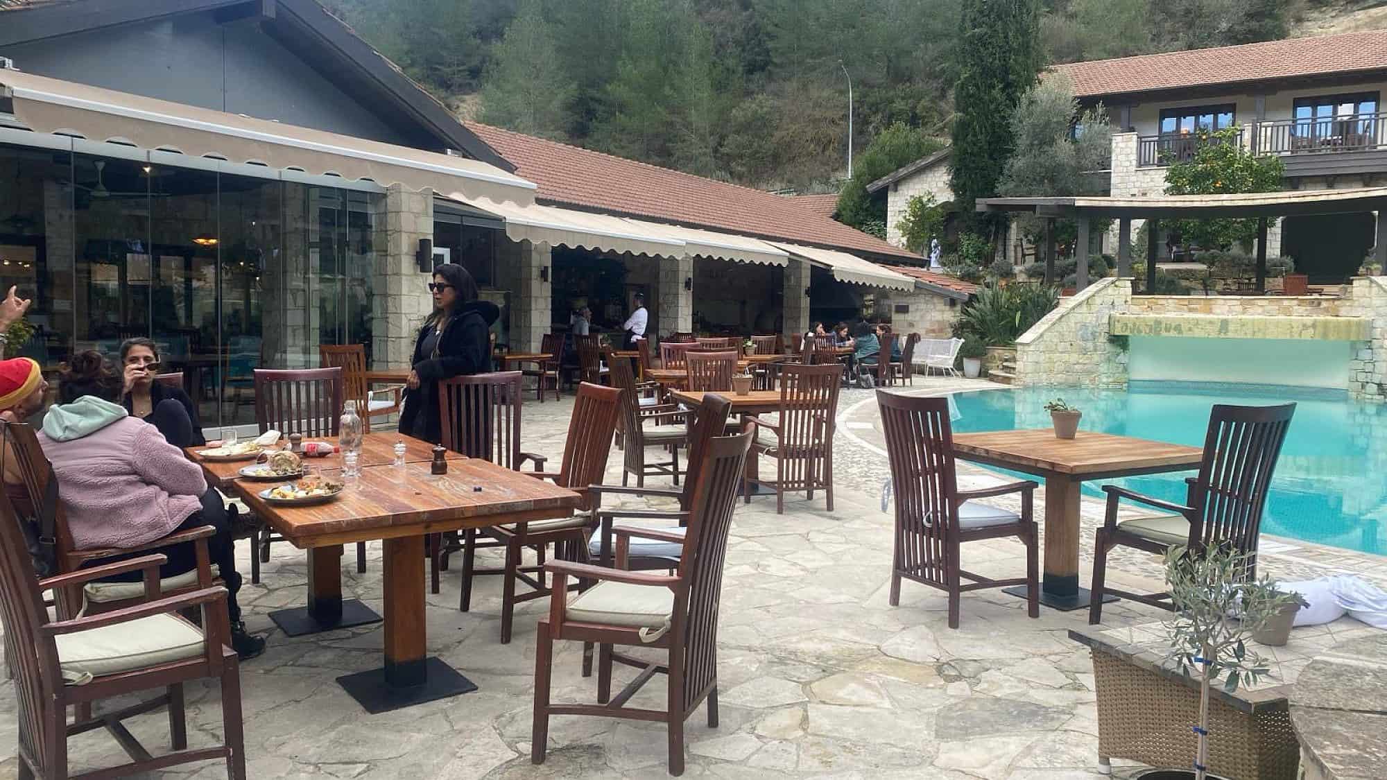 Survivors of the Supernova massacre eat breakfast at the Secret Forest wellness and spa resort in Cyprus, Feb. 20, 2024. Photo by Amelie Botbol.