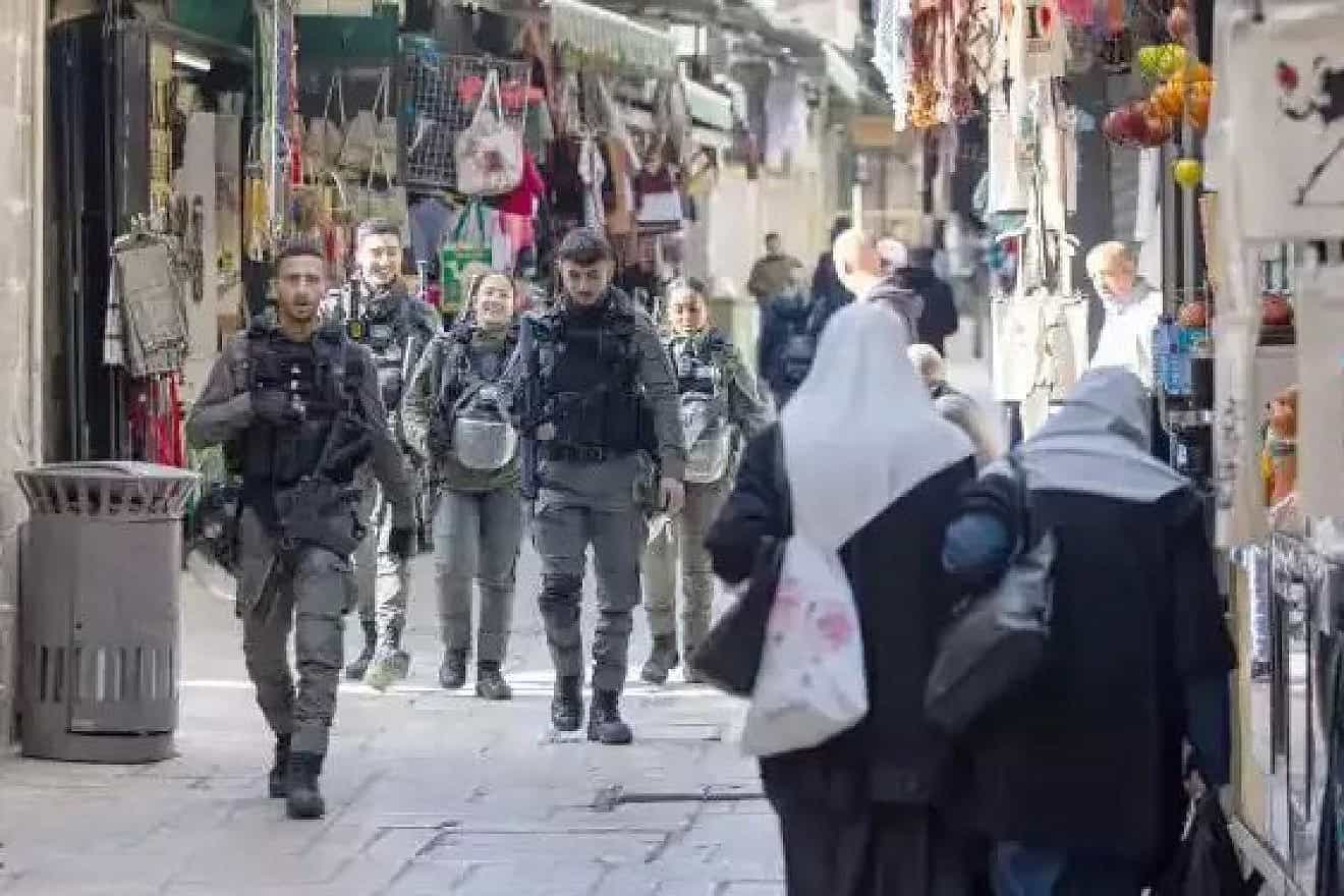 Border Police officers patrol the Old City in Jerusalem, February 2024. Photo by Oren Ben Hakoon.