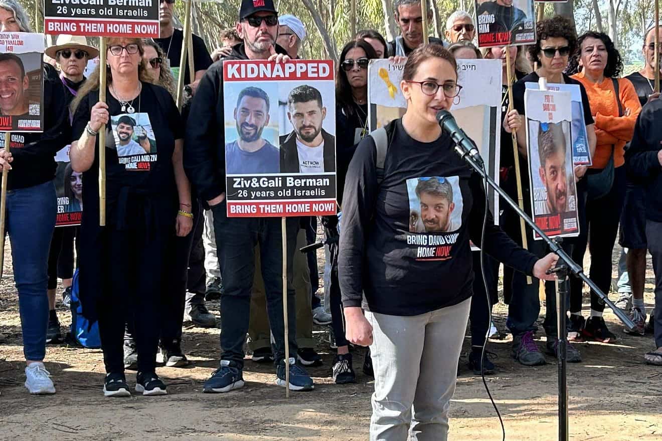 Former captive Sharon Aloni-Cunio. whose husband, David, remains in Gaza, speaks ahead of the march at Kibbutz Re'im on Feb. 28, 2024. Credit: The Hostage and Missing Families Forum.