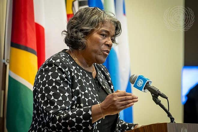 Linda Thomas-Greenfield, the U.S. ambassador to the United Nations, briefs reporters following a Security Council meeting about the Middle East on Feb. 20, 2024. Credit: Loey Felipe/U.N. Photo.