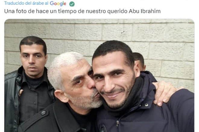 Hamas senior leader Yahya Sinwar kisses freelance photojournalist Hassan Eslayeh following the Oct. 7 terrorist attacks in southern Israel. Source: X/Hassan Eslayeh. Source: X/Hassan Eslayeh.