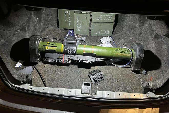 The MATADOR anti-tank missile and its shoulder-mounted launcher found in the vehicle of a suspected weapons smuggler in northern Israel, Feb. 16, 2024. Credit: Israel Police.