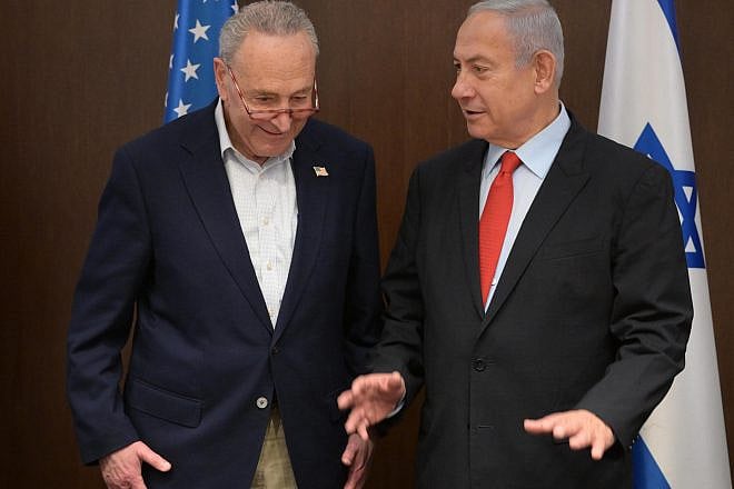 Israeli Prime Minister Benjamin Netanyahu meets with Senate Majority Leader Chuck Schumer (D-N.Y.) in Israel in February 2023. Credit: Amos Ben-Gershom/GPO.