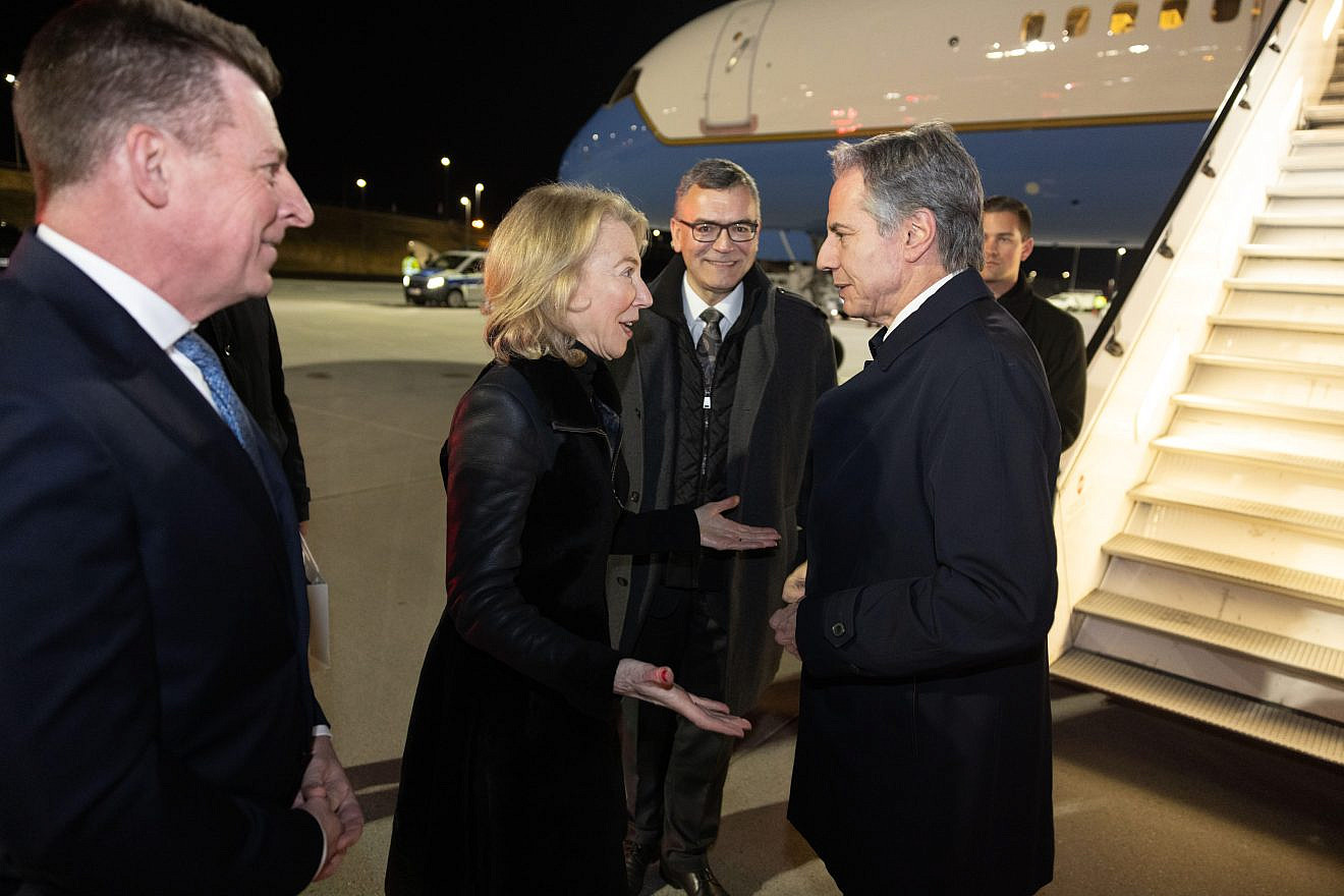 U.S. Secretary of State Antony Blinken  is greeted by Amy Gutmann, the U.S. ambassador to Germany, as he arrives in Munich, Germany on Feb. 15, 2024. Credit: Chuck Kennedy/U.S. State Department.