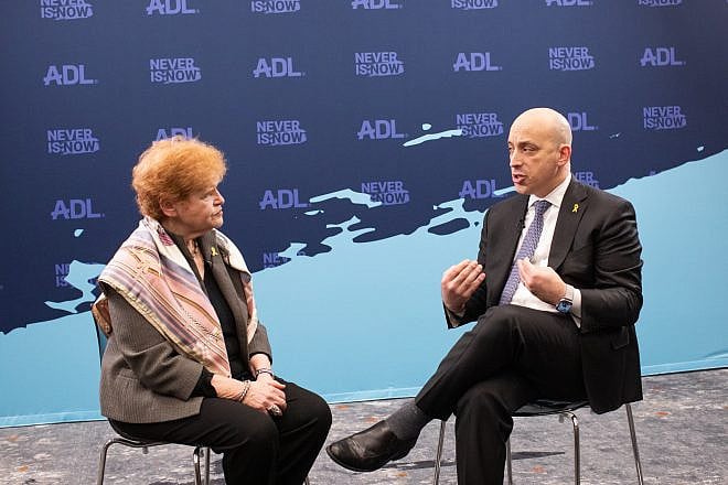 Jonathan Greenblatt, CEO and national director of the Anti-Defamation League, and Deborah Lipstadt, U.S. special envoy to monitor and combat antisemitism, at the Anti-Defamation League's "Never Is Now" conference, held in New York on March 6-7, 2024. Credit: ADL.